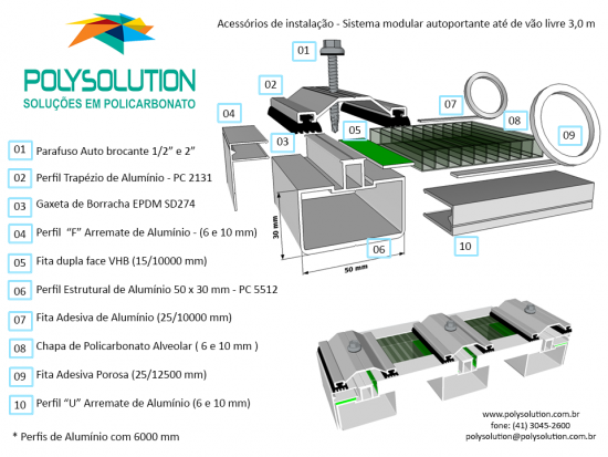 Perfil estrutural PC5512 com 50 mm de base para cobertura de Policarbonato Alveolar e Compacto Polysolution