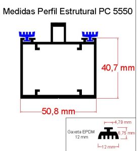 Perfil de aluminio Estrutural PC5550 para vidro e policarbonato Polysolution