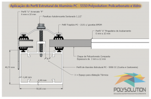 Detalhes do Perfil de Aluminio Estrutural preparado apra receber a chapa de Policarbonato alveolar Bi-Camera de 10mm com todas as caracteristicas tecnicas do produto e mostrando o conjunto com todos os perfis e acessórios de fixação e vedação dentro das normas internacionais, respeitando inclusive a folga de dilatação térmica e o engastamento - aqui utilizamos o PERFIL TRAPÉZIO para fazer a fixação e travamento das chapas respeitando a dilatação termica