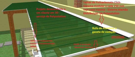 Telha de Policarbonato click alveolar cor fumê - sistema modular - estrutura Tubular em arco