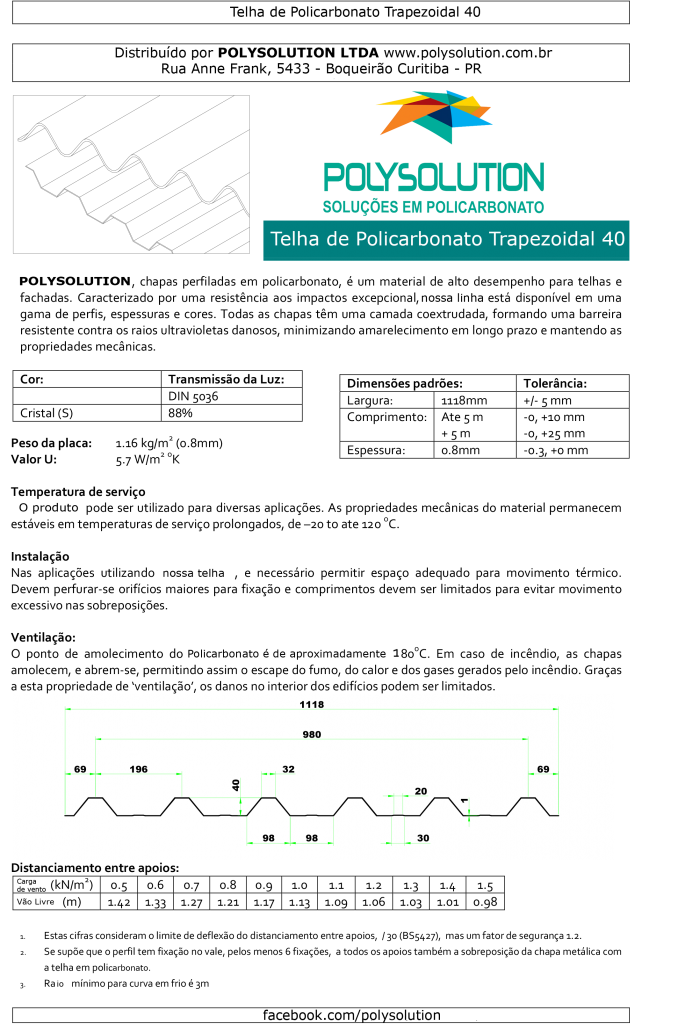 Telha De Policarbonato trapezoidal 40 mm - Polysolution