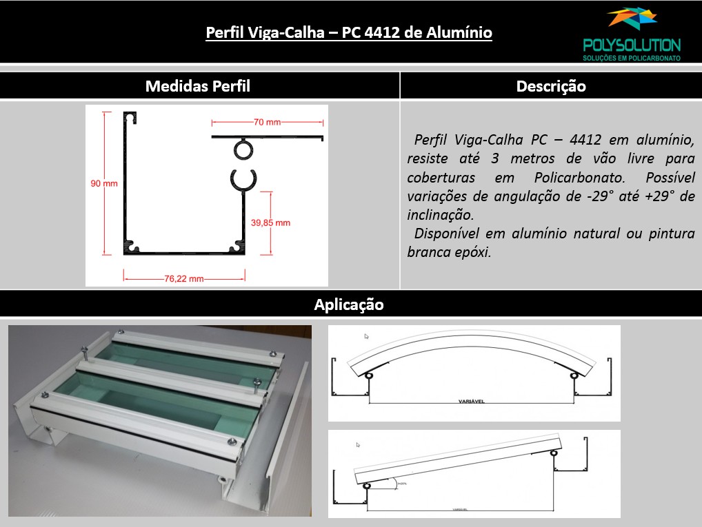 Perfis de Aluminio Viga-Calha PC 4412 Estrutural para Policarbonato - Polysolution