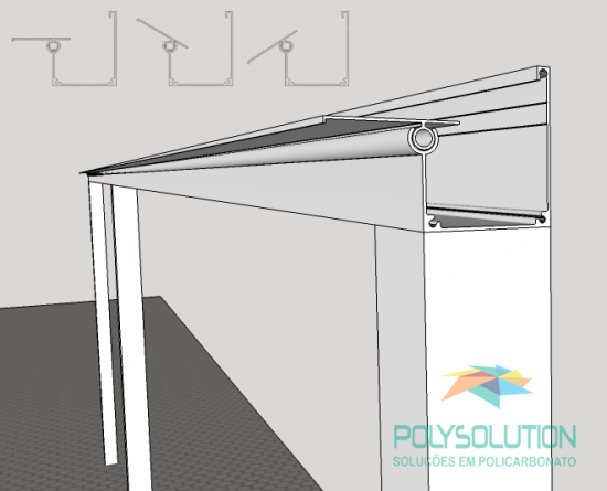 Perfil viga calha em Aluminio referencia PC 4411 barra de 6 metros autoportante até 5 metros de vão livre e Unindo os dois lados com Perfil Estrutural PC5512 em Arco- Patente Polysolution