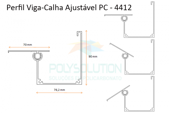 Perfil de aluminio viga-calha PC4412 regulável ajustável ao angulo de inclinação da cobertura de policarbonato ou vidro - Patente Polysolution