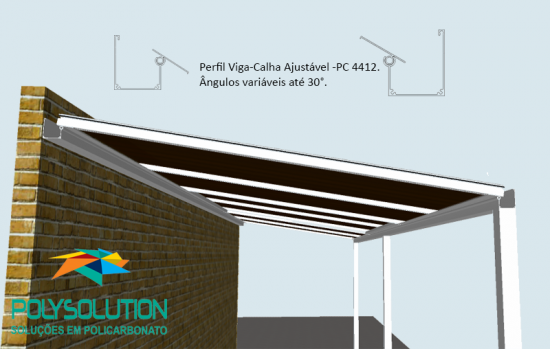 Perfil de aluminio viga-calha PC4412 regulável ajustável ao angulo de inclinação da cobertura de policarbonato ou vidro - Patente Polysolution