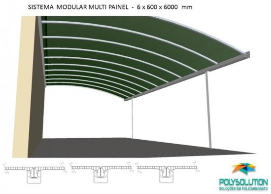 União entre dois ambientes com Perfil viga-calha PC 4412 e Perfil estrutural PC 5512 com chapas de Policarbonato com aplicação do Perfil Rufo em aluminio com gaxeta de EPDM 90 x 20 mm