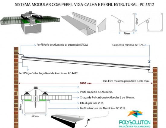 cobertura de Policarbonato com sistema modular em aluminio e chapa alveolar 10 mm