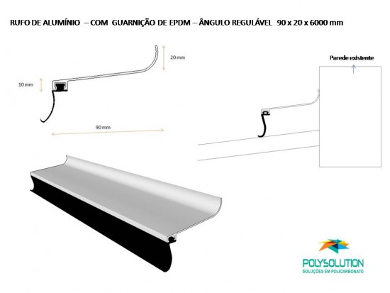 Rufos e Calhas em Aluminio barras de 6 metros para coberturas translucidas em Policarbonato e vidro