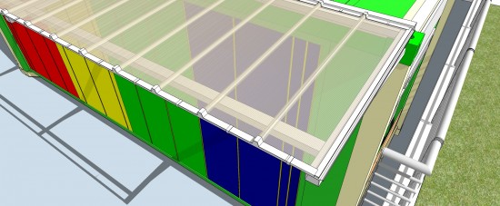 Toldo em Policarbonato telha click cor cristal em container de sustentabildiade Polysolution