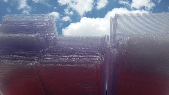 Detalhes tecnicos do Projeto - Toldo de Policarbonato em comercio com as Telhas de Policarbonato CLICK cor cristal 15 x 3 metros