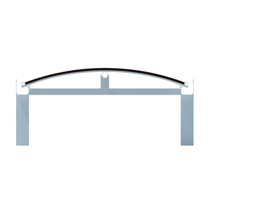 Cobertura de policarbonato curva em arco com as Telhas de Policarbonato click cor Infra Red Branco Leitoso Heat Bloc Ouro - utilizando perfil viga-calha PC 4412 em aluminio 76,2 mm - Polysolution