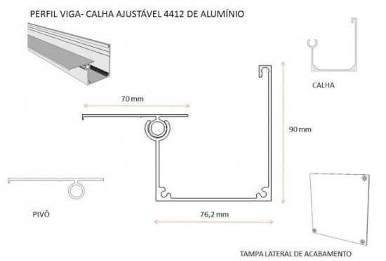 Perfil viga calha PC 4412 em aluminio - barras de 6 metros - é viga , é calha - medida base 76,2 mm