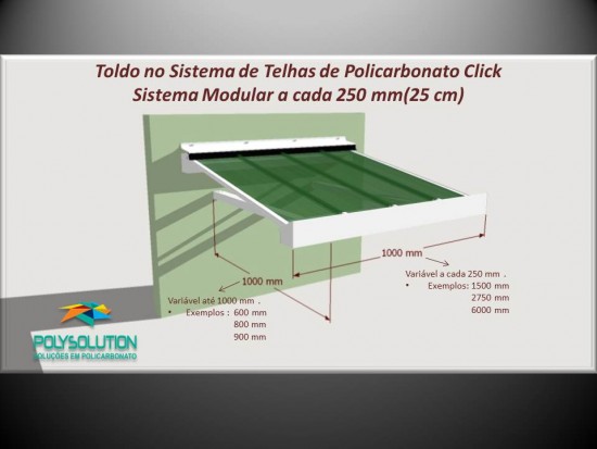 Toldo de Policarbonato Click pré pronto com perfil viga-calha PC4412 da Polysolution