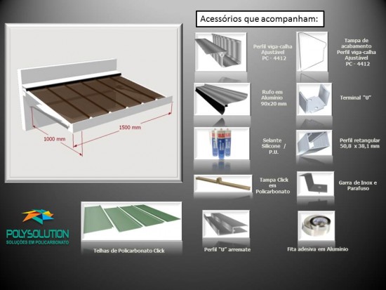 Toldo de Policarbonato Click pré pronto com perfil viga-calha PC4412 da Polysolution medida um metro de Avanço com inclinação de 10% Largura de 