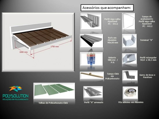 Toldo de Policarbonato Click pré pronto com perfil viga-calha PC4412 da Polysolution medida um metro de Avanço com inclinação de 10% Largura de 