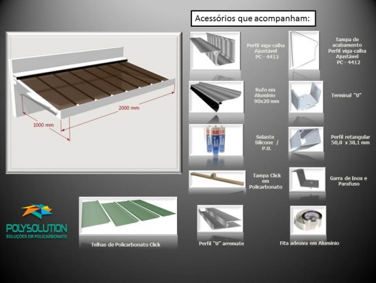 Toldo de Policarbonato Click pré pronto com perfil viga-calha PC4412 da Polysolution medida um metro de Avanço com inclinação de 10% Largura de 