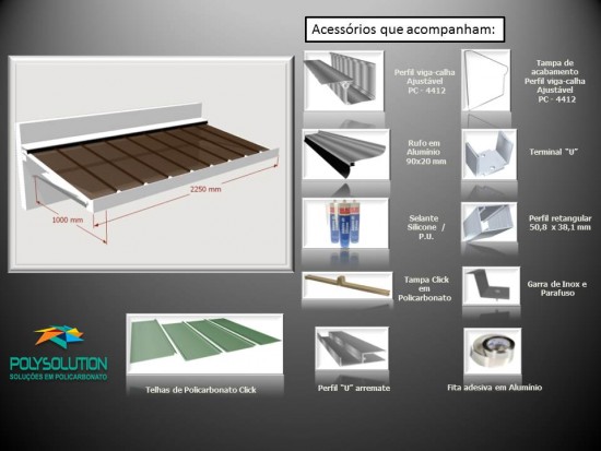 Toldo de Policarbonato Click pré pronto com perfil viga-calha PC4412 da Polysolution medida um metro de Avanço com inclinação de 10% Largura de 