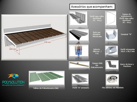 Toldo de Policarbonato Click pré pronto com perfil viga-calha PC4412 da Polysolution medida um metro de Avanço com inclinação de 10% Largura de 