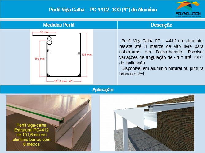 Perfil Estrutural Viga-Calha PC4412_100 de aluminio - 4 polegadas -101,6 mm - Polysolution
