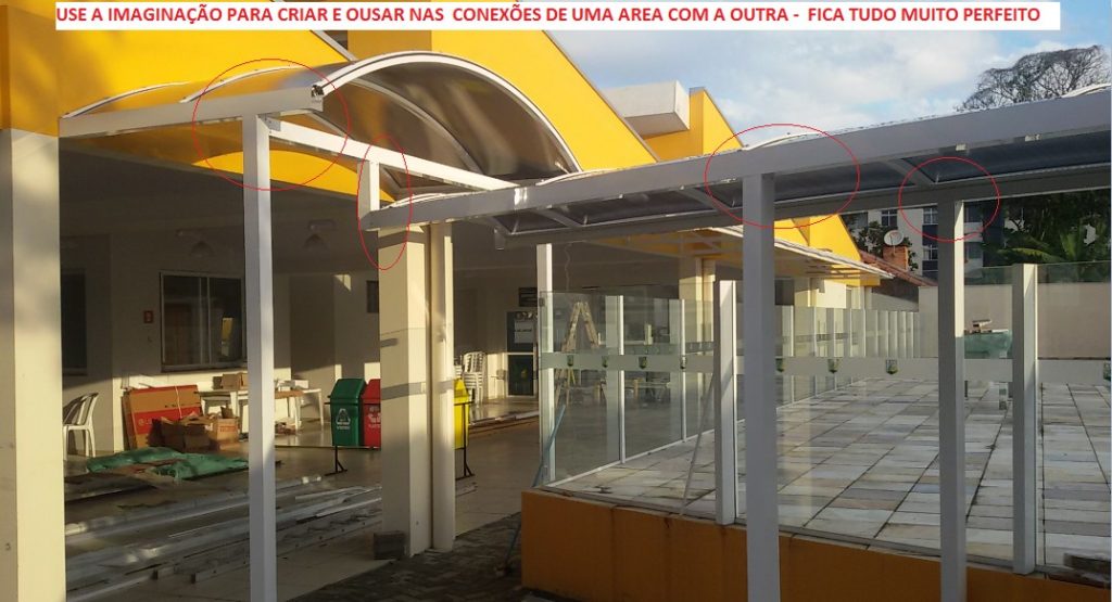 Sistema modular de instalação de cobertura de Policarbonato com Perfil de aluminio estrutural Viga-Calha PC4412 e Perfil PC 5512