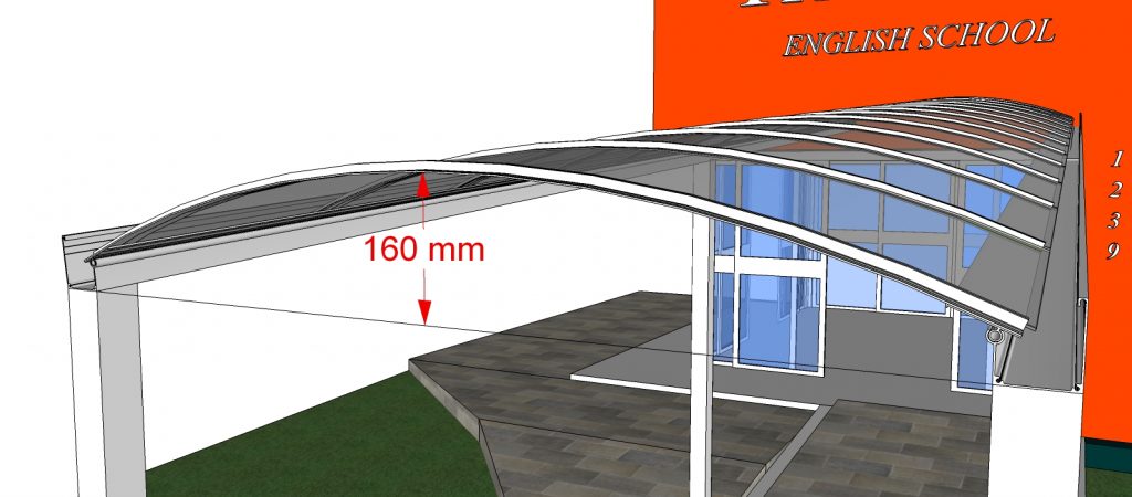 cobertura - toldo de Policarbonato compacto com 6 metros + VIGA-CALHA + Perfil T Polysolution 