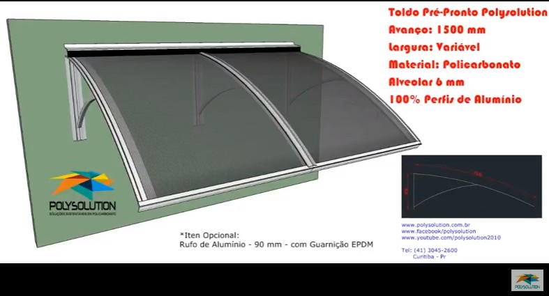 Toldo de Policarbonato compacto transparente Cuvo com Perfil 100% aluminio - sob medida Polysolution 