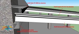 Coberta de Policarbonato com Perfis de aluminio Viga-Calha + Perfil de Aluminio Resolve PC5038 + perfil de Aluminio T Invertido base do perfil PC5512 + Rufo de aluminio cvom gaxeta de EPDM + Perfil Trapézio e demais acessórios de fixação e vedação - Polysolution