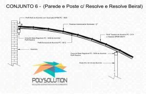 Modelo numero 6 de montagem do sistema modular com Perfil Viga-Calha PC4412 em corredor lateral em Policarbonato Polysolution