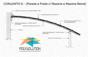 Modelo numero 6 de montagem do sistema modular com Perfil Viga-Calha PC4412 em corredor lateral em Policarbonato Polysolution