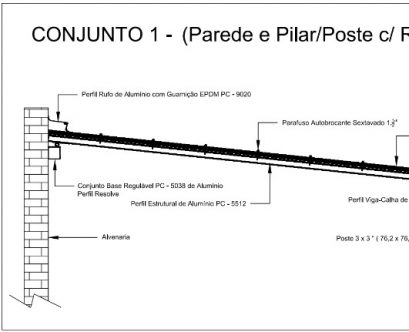 Modelo numero 1 de montagem do sistema modular com Perfil Viga-Calha PC4412 em corredor lateral em Policarbonato Polysolution