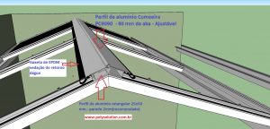 Cumeeira ou cumieira de aluminio para cobertura de Policarbonato ajustavel e regulável PC9090 com gaxeta de EPDM - barras de 6 metros - Polysolution