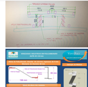 Veneziana industrial com aletas de 210 mm para lanternim de galpões