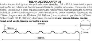 Telha de Policarbonato Trapezoidal alveolar 2,5mm x 1055 mm