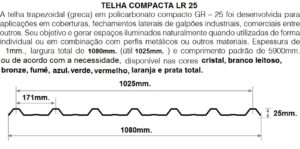 Telha de Policarbonato TrapezoidalCompacta LR25 - 0,8 a 2,00mm x 1025 mm
