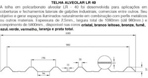 Telha de Policarbonato Trapezoidal alveolar LR 40 - 2,5mm x 1080 mm