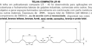 Telha de Policarbonato Trapezoidal Compacta LR40 - 0,8 a 2,00mm x 1080 mm